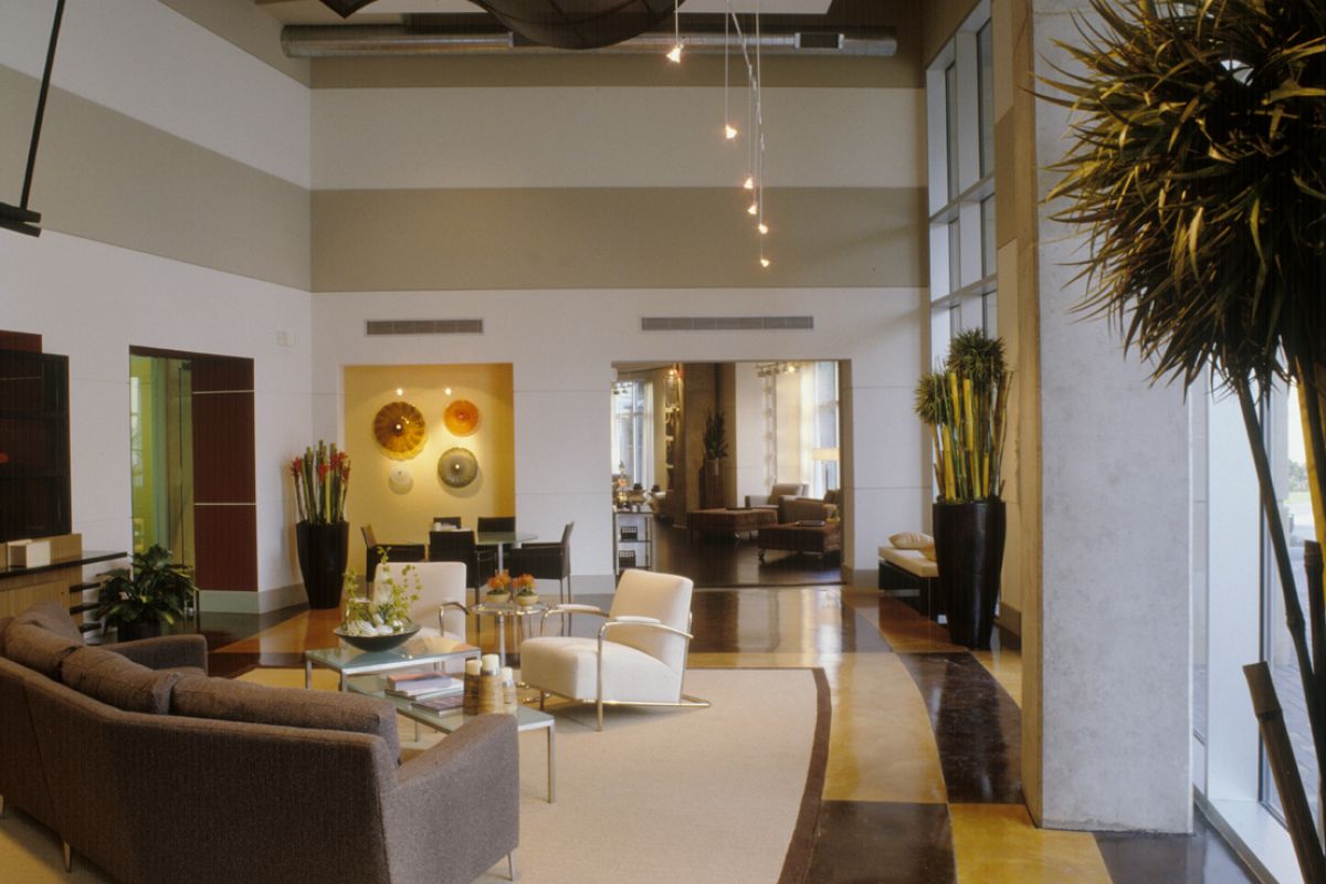Modern lobby with curved ceiling, stylish furniture, plants, and large windows letting in natural light.