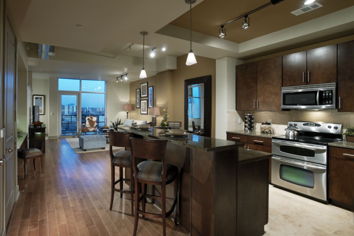 Modern open-concept kitchen and living room with wood floors, dark cabinets, and city view through large windows.