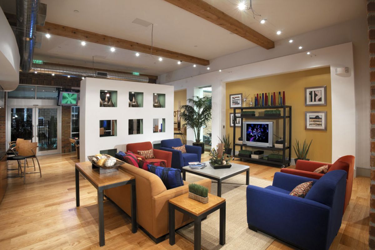 Modern living room with colorful sofas, a TV, wooden floors, and exposed ceiling beams.
