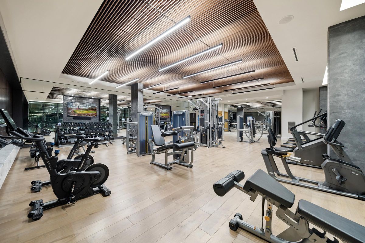 Modern gym interior with exercise machines, free weights, and wood ceiling panels.