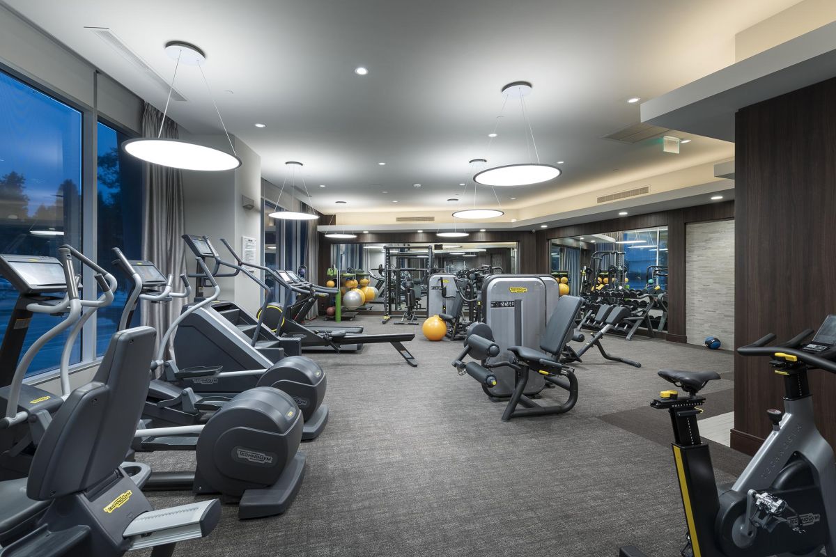 Modern gym with various exercise machines, weights, and large windows, illuminated by ceiling lights.