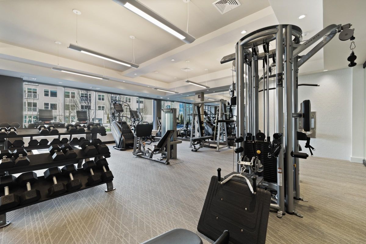 Spacious gym with various exercise equipment, including dumbbells, weight machines, and cardio machines.
