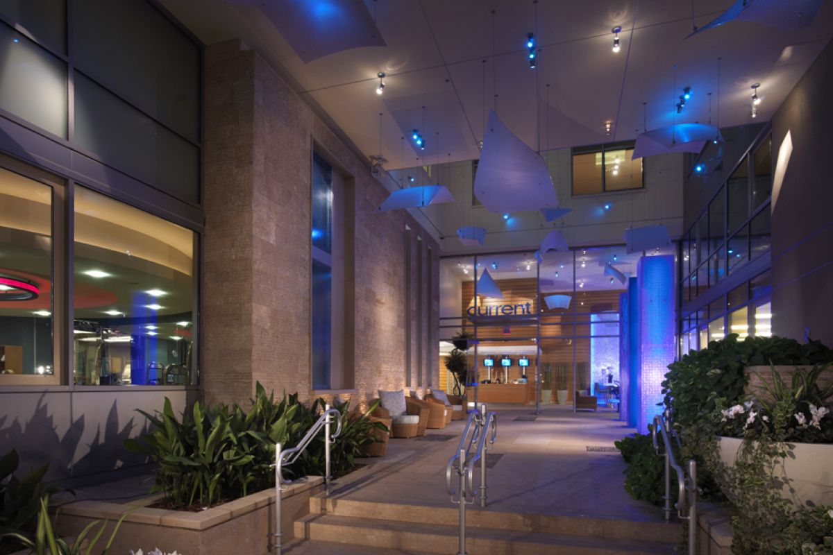 Modern building entrance at night with blue lights, plants, and abstract ceiling decorations, glass doors ahead.