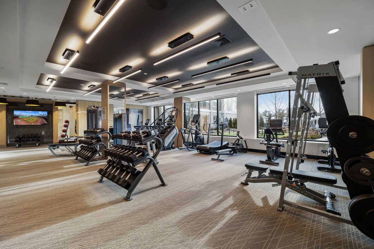 Modern gym with treadmills, ellipticals, weight racks, and a TV. Large windows overlook trees and grass.
