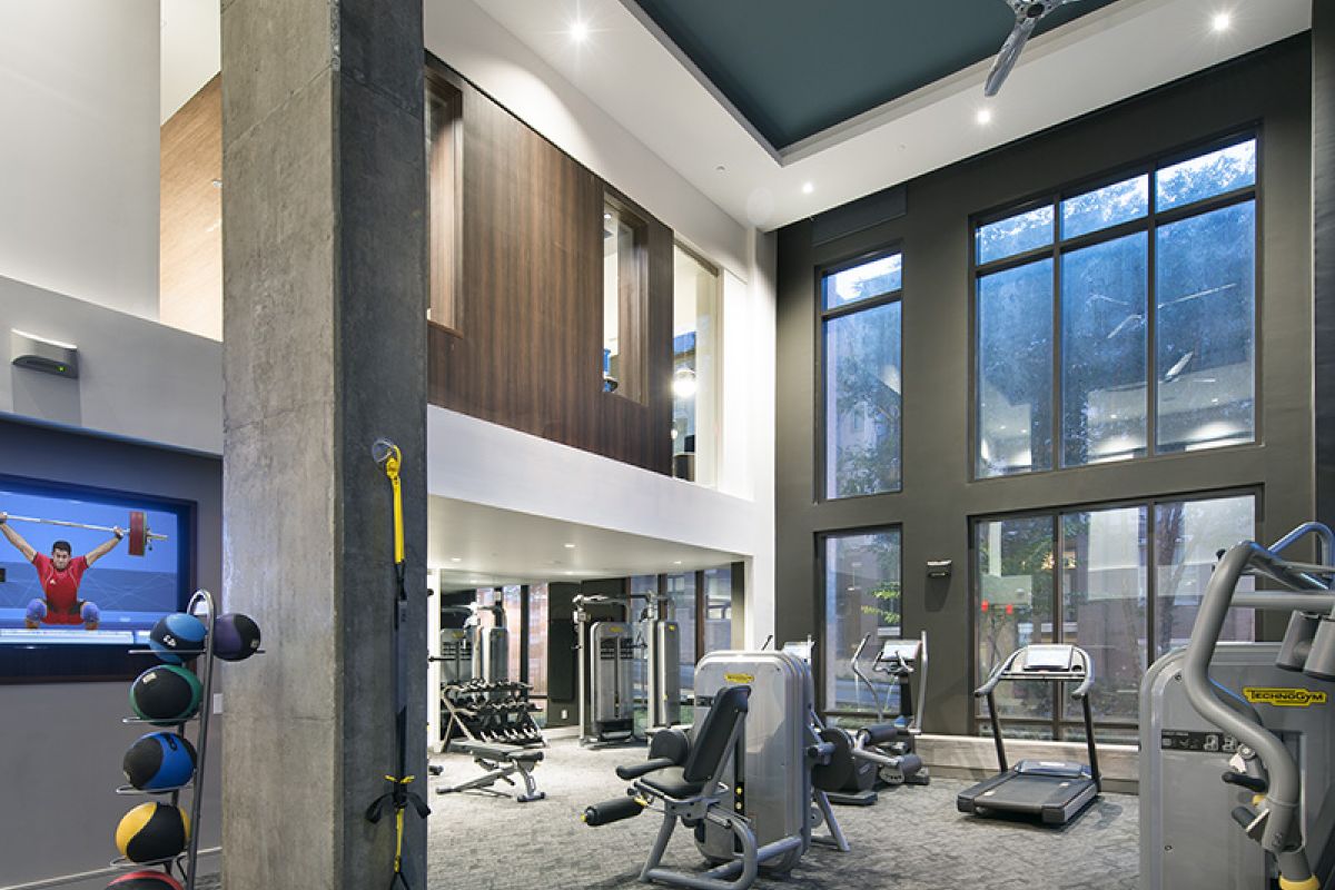 Modern gym with fitness equipment, large windows, high ceilings, and a TV on the wall displaying a weightlifter.