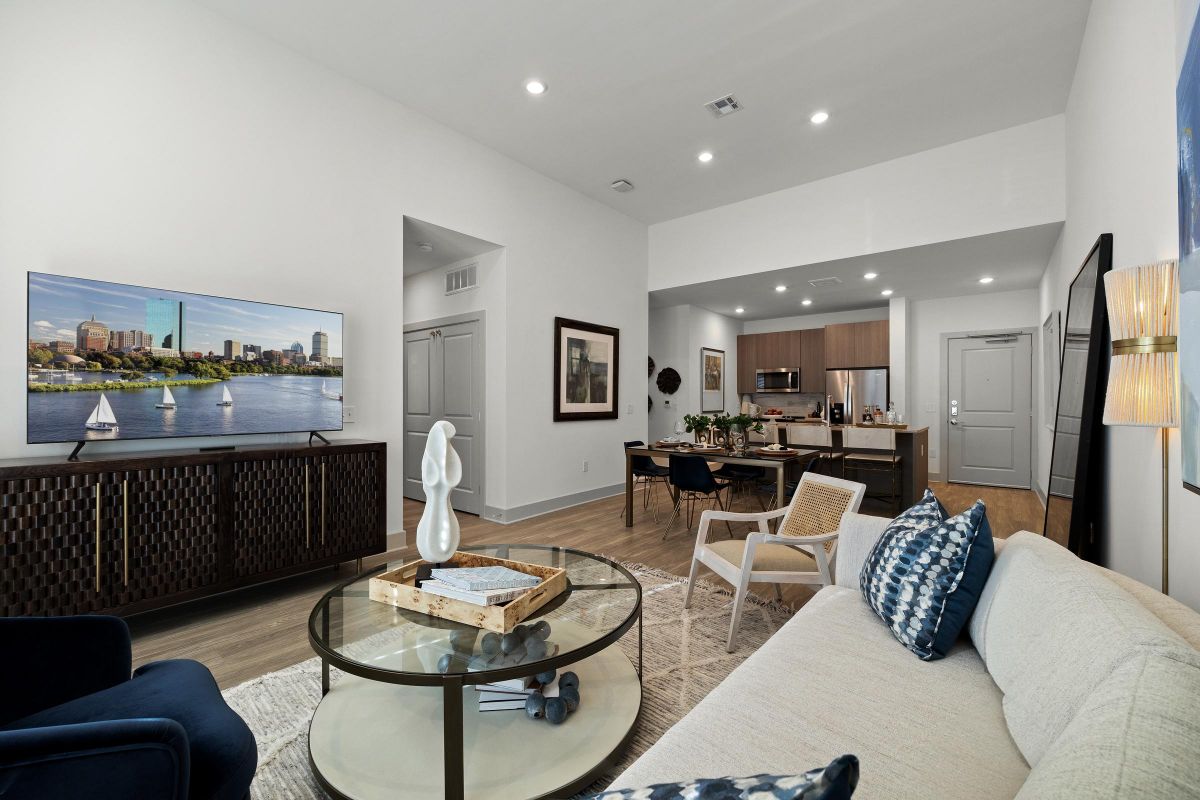 Modern open-concept living room with a kitchen, featuring a sofa, TV, and decorative elements on the coffee table.