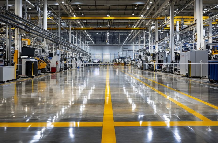Wide view of a modern, brightly lit factory with yellow lines marking the clean, reflective floor.