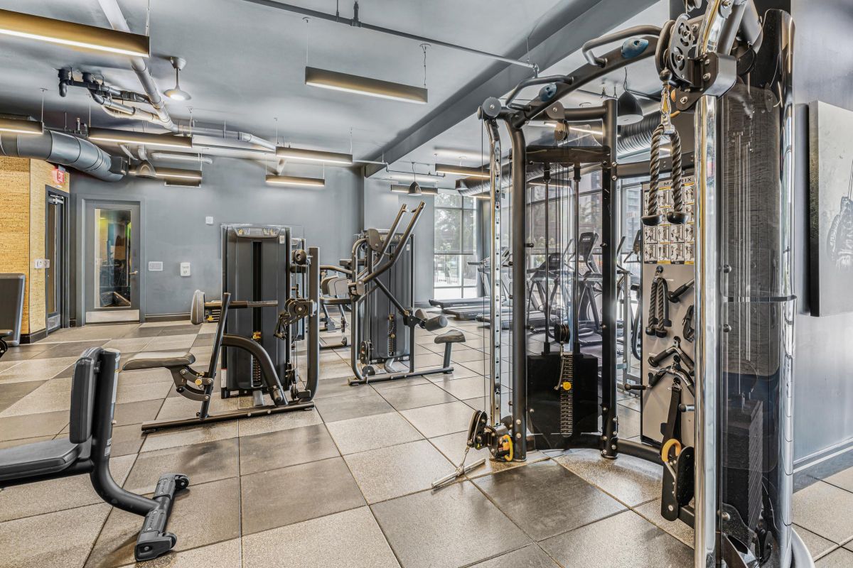Modern gym interior with various fitness equipment, including weight machines and cardio machines, on a tiled floor.