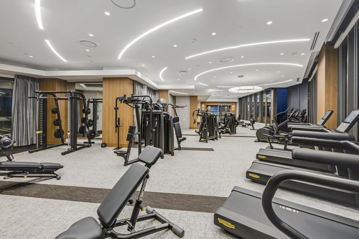 Modern gym interior with exercise machines, treadmills, and weights under sleek, curved lighting fixtures.