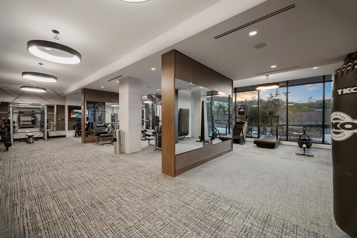 Hanover Laguna Niguel Modern gym with exercise machines, punching bag, and large windows showing an outside view.