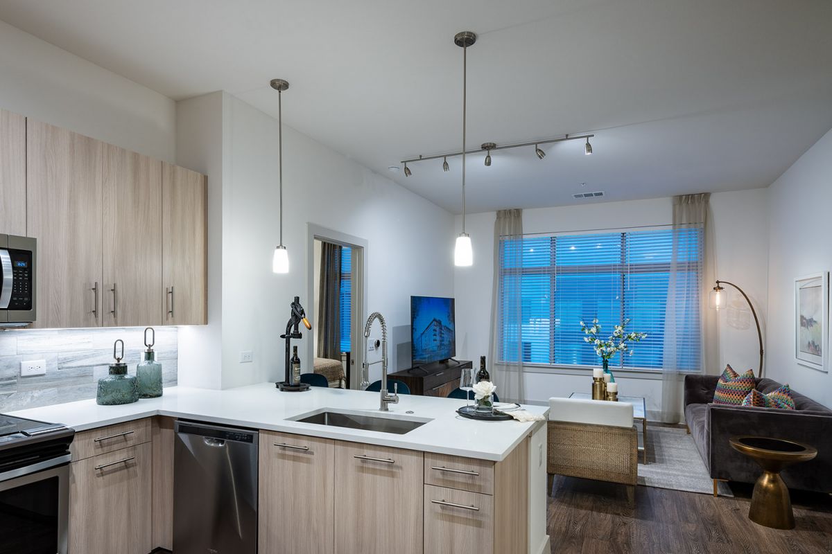 Modern open-concept kitchen and living room with wood floors, light cabinets, and large windows.