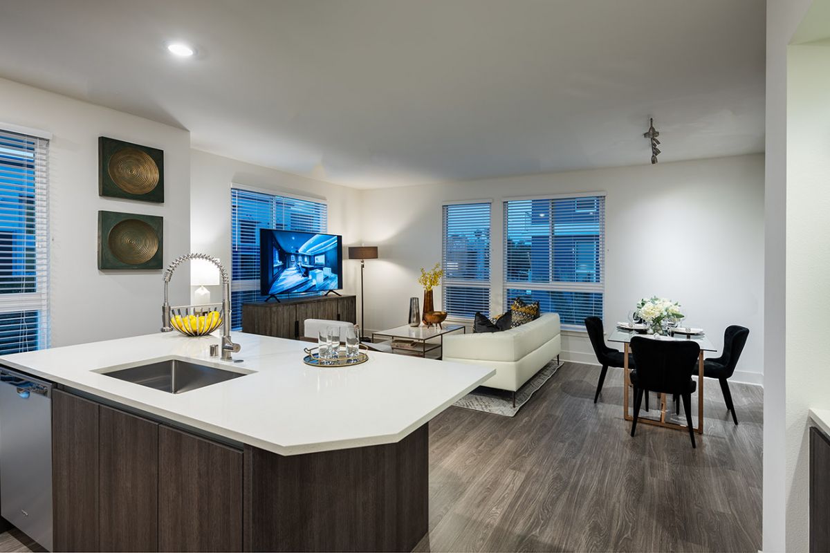 Modern open-concept kitchen and living room in Hanover Warner Center with island, white sofa, TV, and dining table.