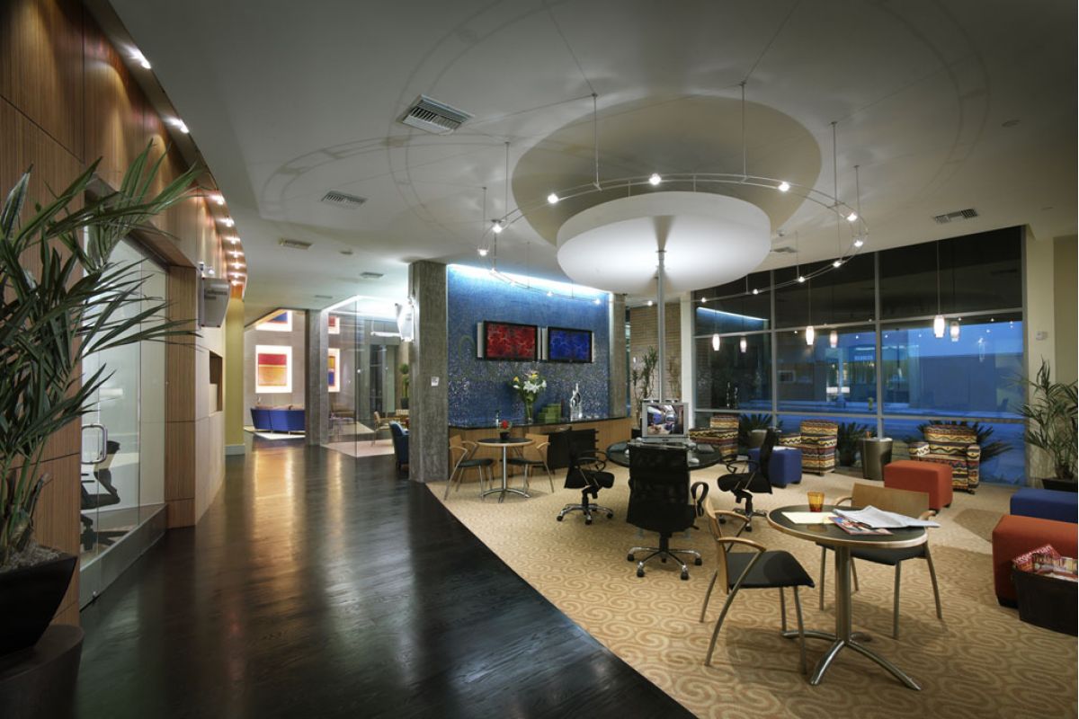Modern office lounge with contemporary furniture, plants, art on the wall, and large windows at night.
