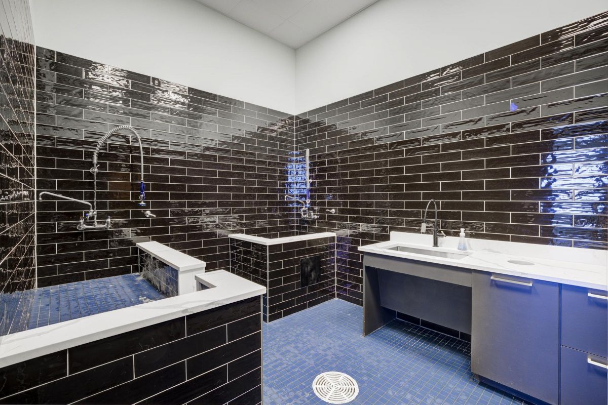 Modern grooming station with dark tiled walls, L-shaped tub, and countertop sink against blue tiled floor.