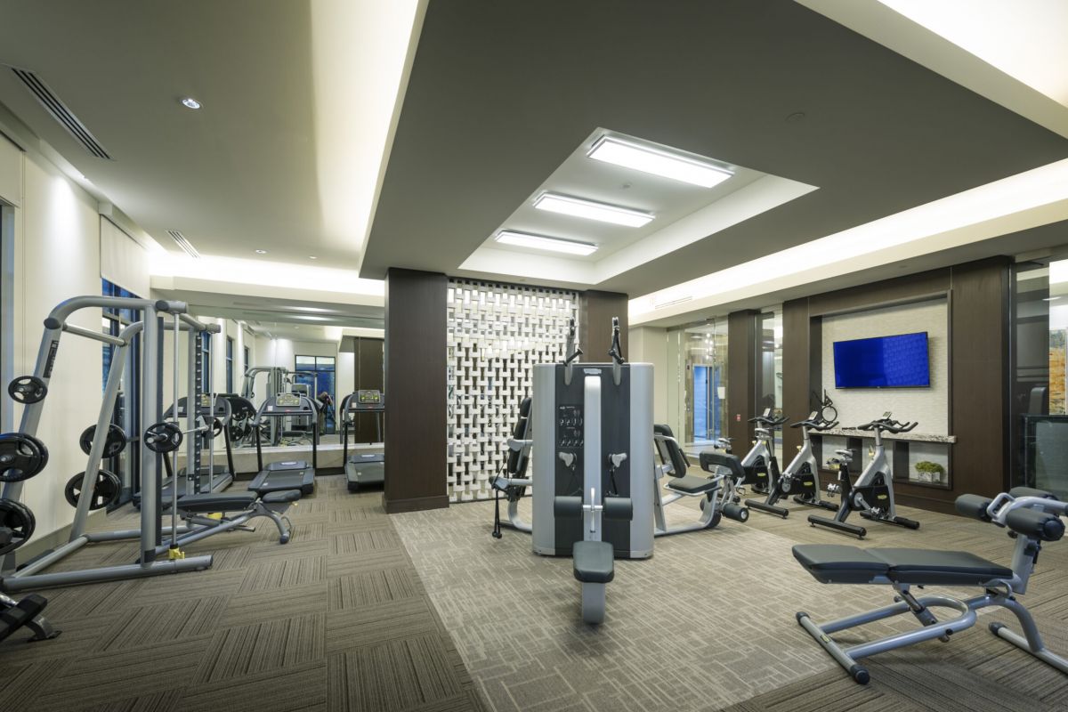 Modern gym at Hanover Shady Grove with weight machines, cardio equipment, benches, mirrors, and a wall-mounted TV.