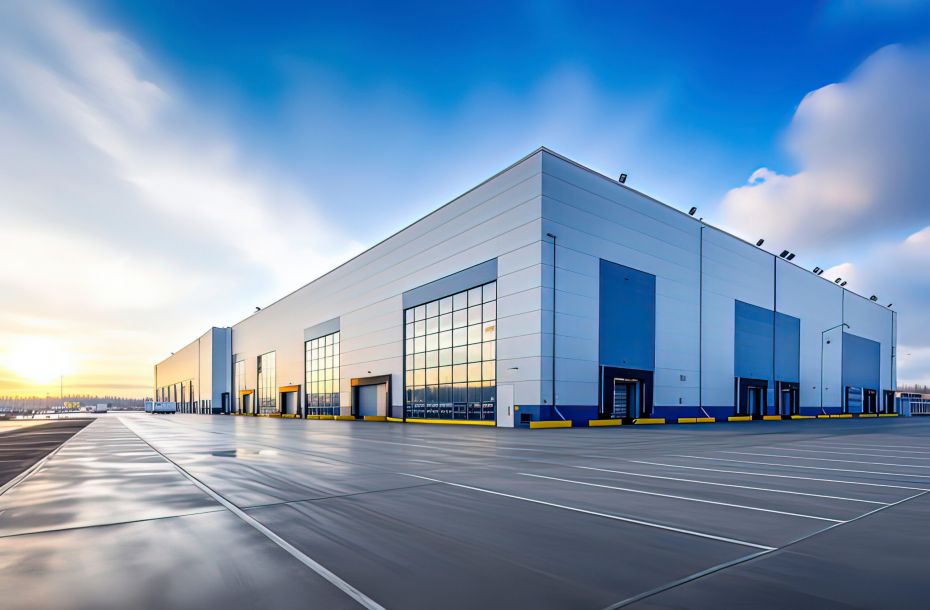 Large modern warehouse with glass windows, loading docks, and empty parking lot under a clear blue sky.